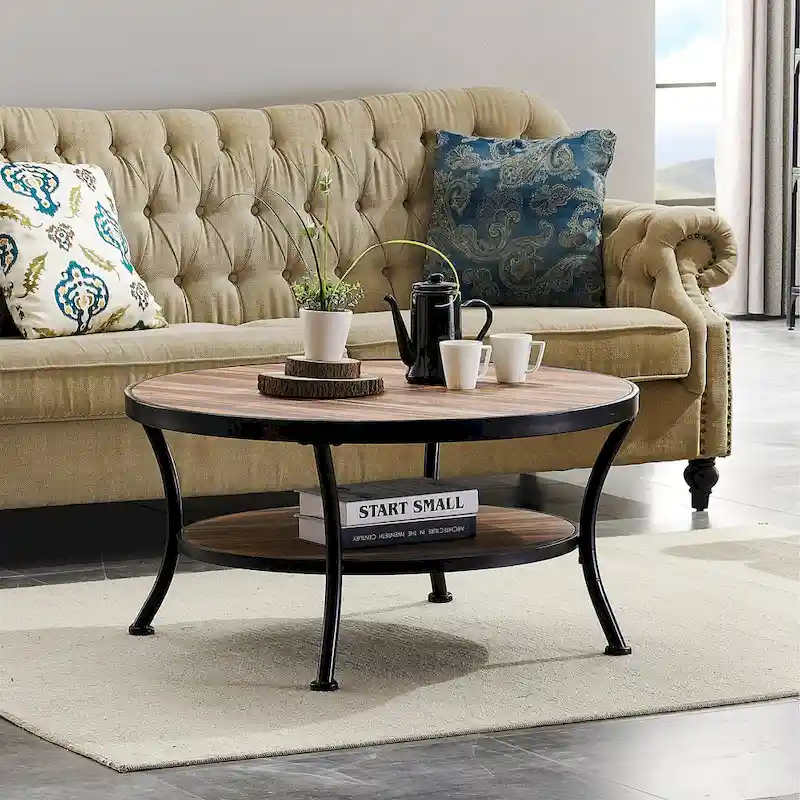 Myhozm Industrial Round Metal Coffee Table with Shelf for Living Room,Home Office and Bedroom