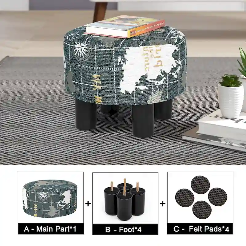 Adeco Round Ottoman Fabric Footrest Modern Padded Chair Footstool