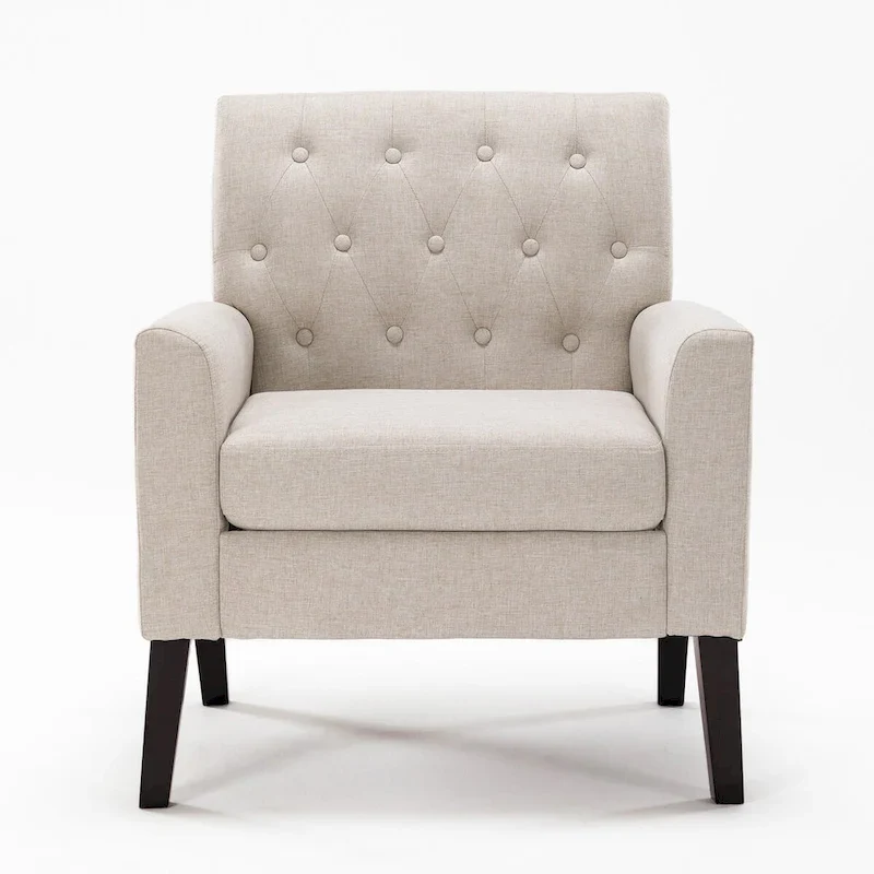 Linen and Walnut Legs Mid Century Modern Button Tufted Accent Chair - 29.53 H X 30 W X 33.07 D