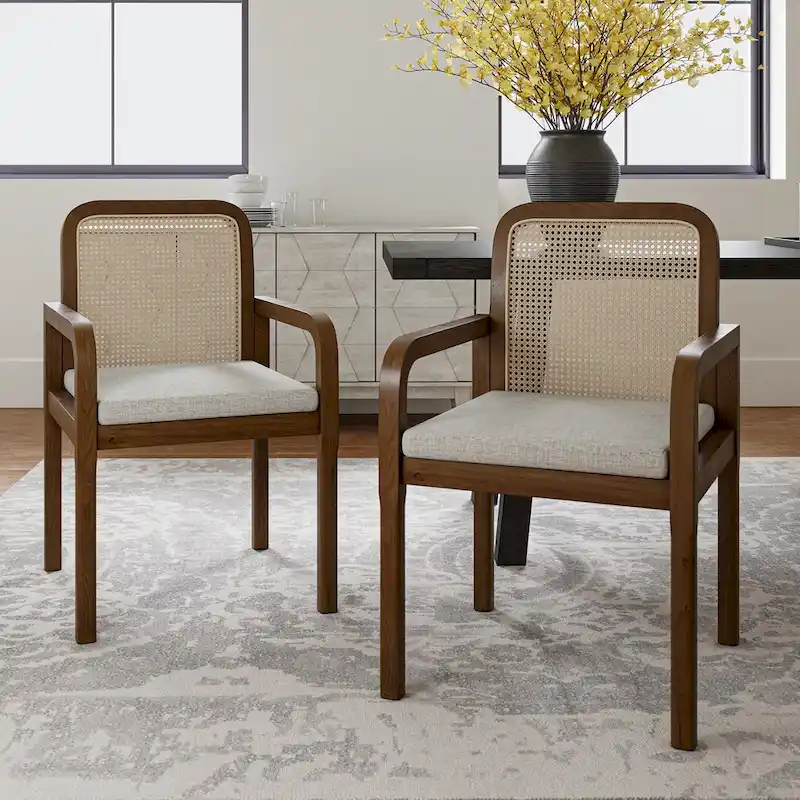 Modern Rattan Back Dining Chair with Removable Cushion - Rubber Wood Frame, Linen Upholstery