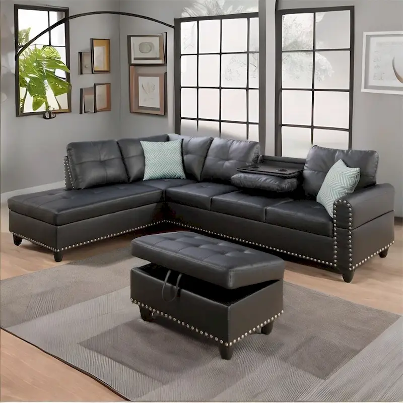L-shaped Faux Leather Sectional Sofa with Ottoman and Pillows