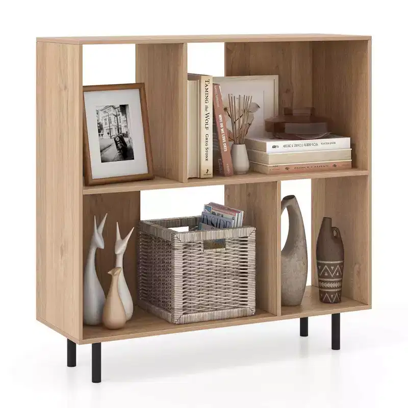 Black/Natural/White Mid-Century Modern 4-Cube Open Bookshelf, Single
