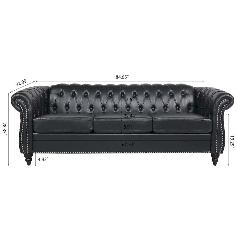 84.65 PU Rolled Arm Chesterfield 3 Seater Sofa