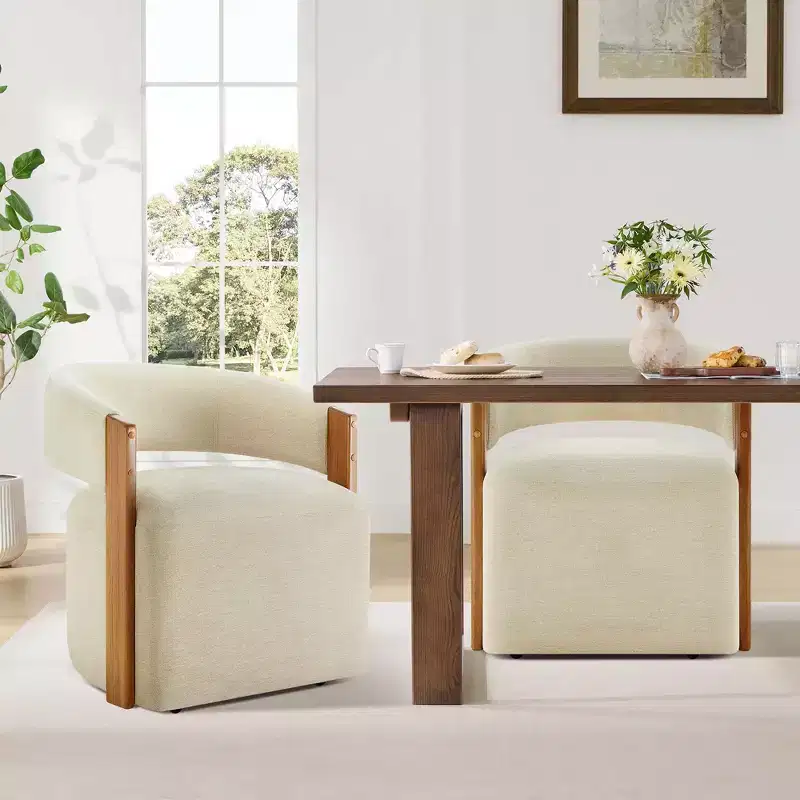 Spruce&Spring Upholstered Dining Chair with Wood Armrests & Hidden Wheels