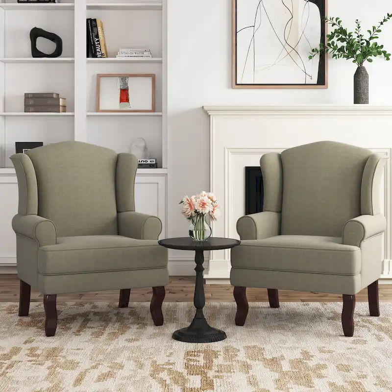 Set of 2 Elegant Living Room Wing Back Arm Chair Upholstered Accent Chair