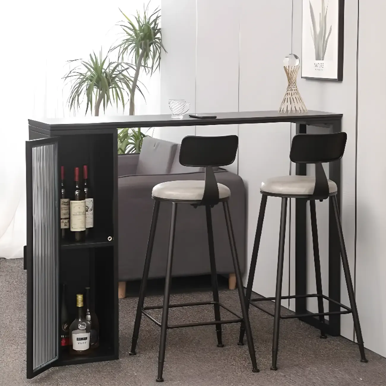 Modern Black Metal Fixed Top Storage Bar Tables