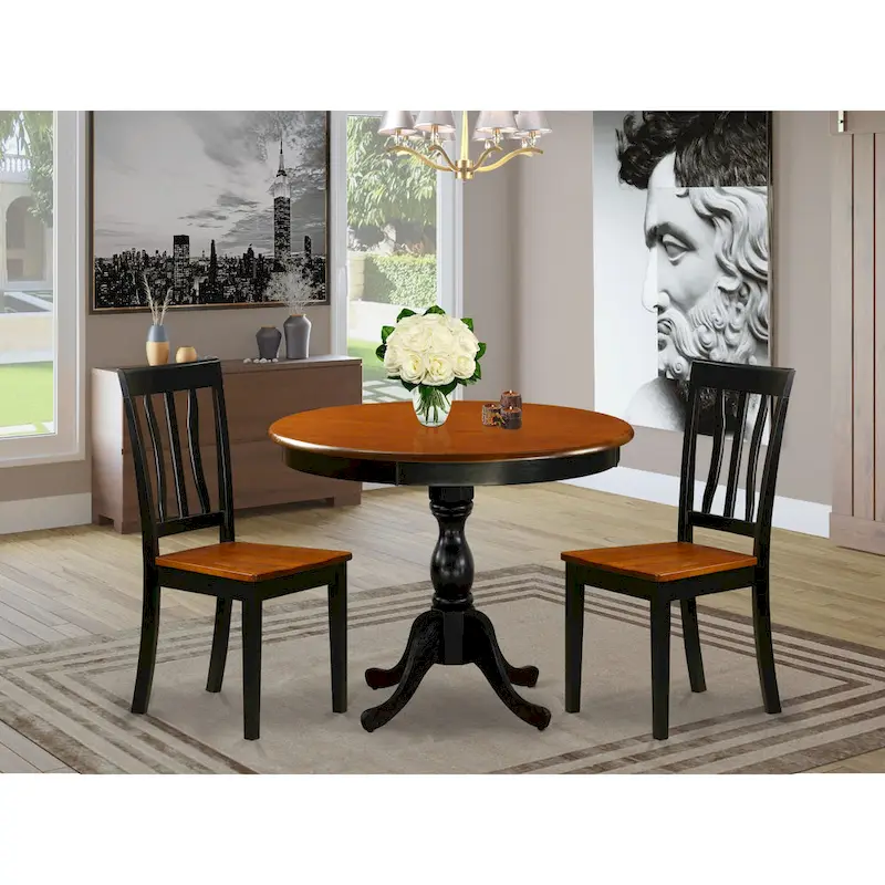 Dining Table Set- A Round Kitchen Table and Dining Chairs, Black & Cherry (Pieces & Seat Type Options)