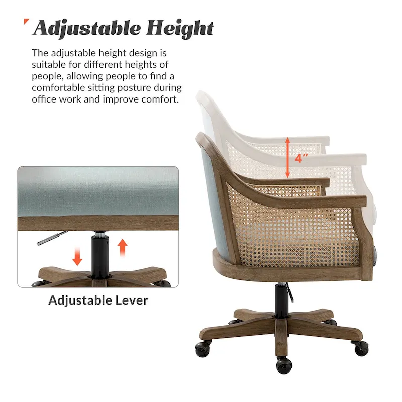 Farmhouse-Style Rattan Office Chair — 360° Swivel, Adjustable Height, Rubberwood Construction