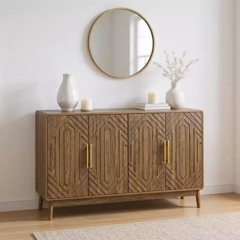 Brown Wood Sideboard, 4-Door Geometric Style, 1-Person Assembly