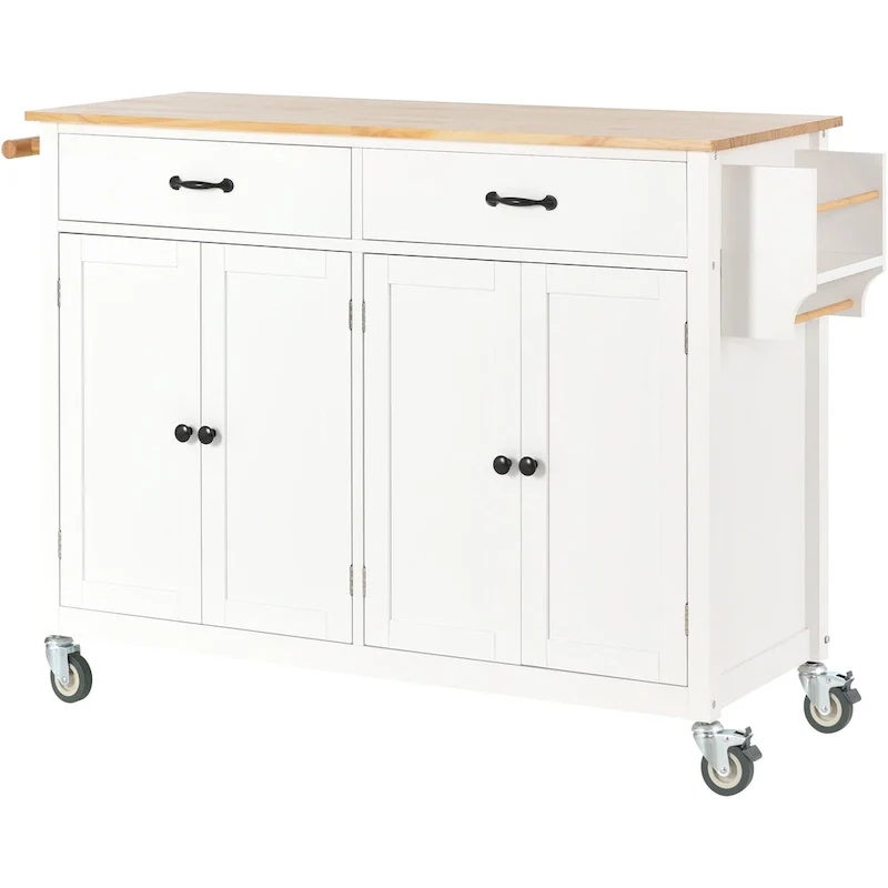 Essential MDF Kitchen Island Cart with Solid Wood Top, Locking Wheels, and Spice Rack