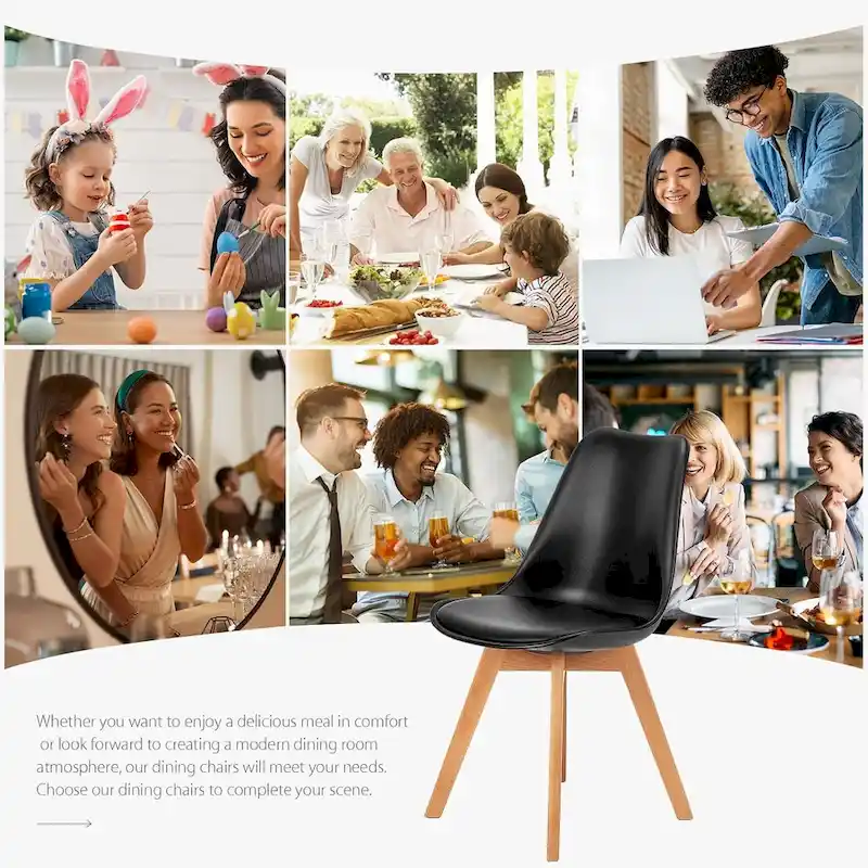 Black PU Leather Dining Chairs with Beech Wood Legs - Set of 4