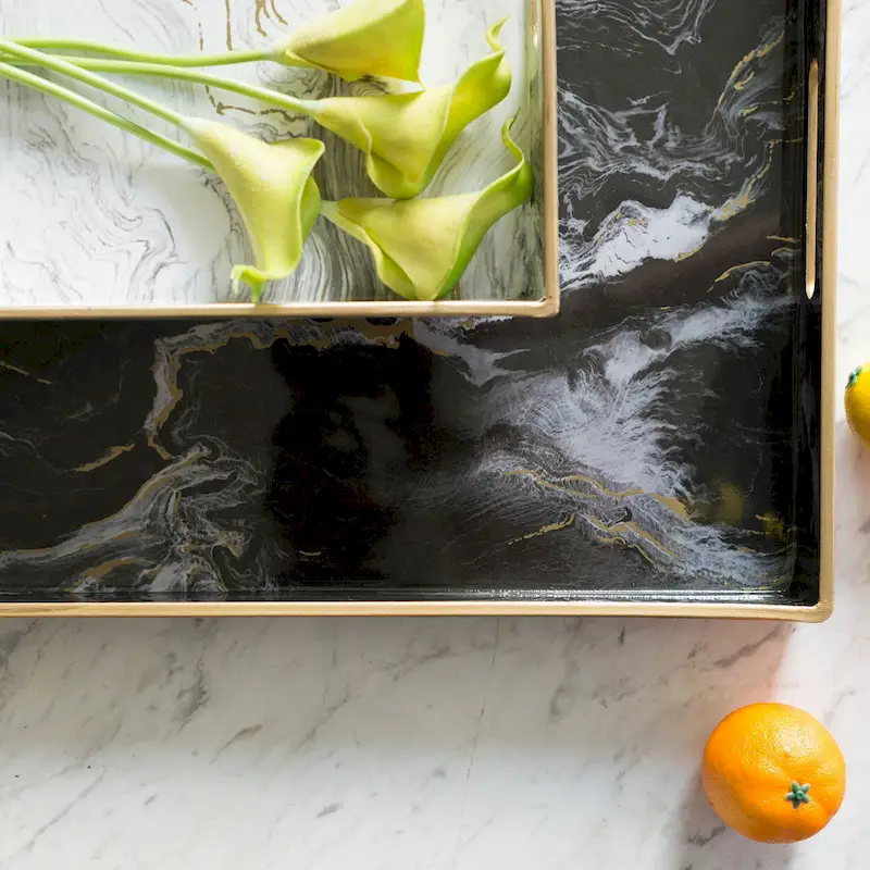 A&B Home Quinn Black and White Marble Rectangular Trays