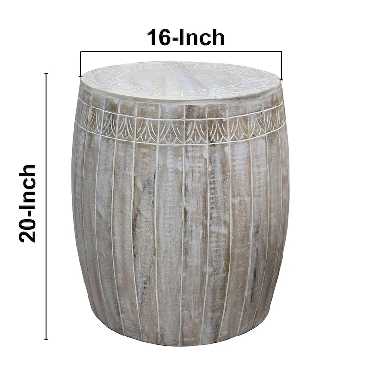 Serenity Side End Table with 16 Inch Round Top, In Antique White Mango Wood