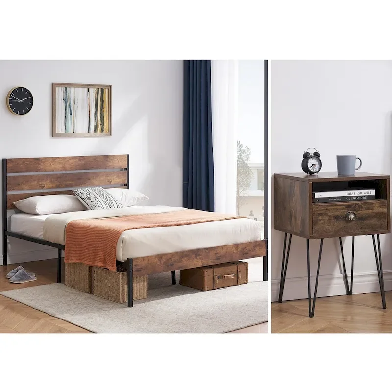 Taomika 3-Pieces Industrial Bed and Modern Square Nightstands Set