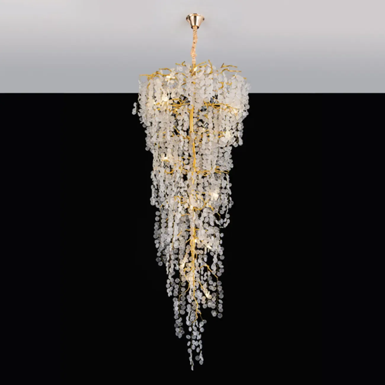 Elegant Gold Crystal Downfall Cascading Stairwell Chandelier