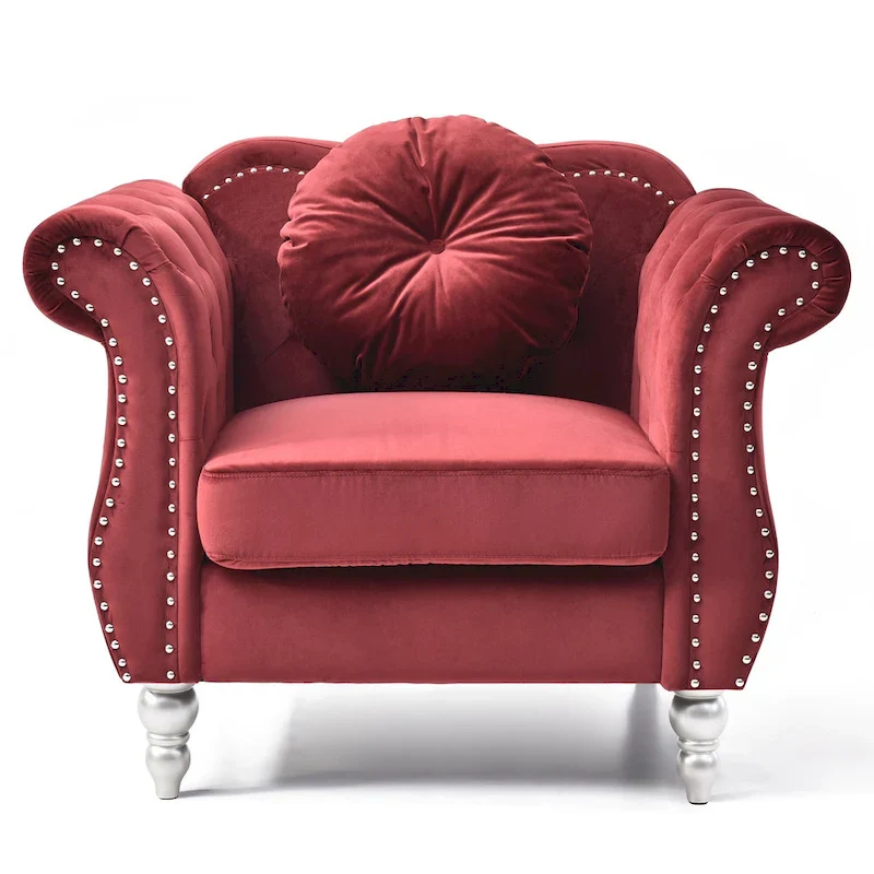 Solid Velvet Accent Chair with Tufted Round Pillow - 39  - Red