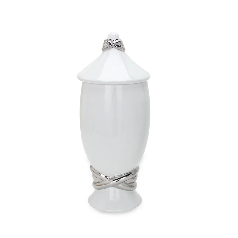 Beloved White Ceramic Decorative Ginger Jar Vase with Silver Accent