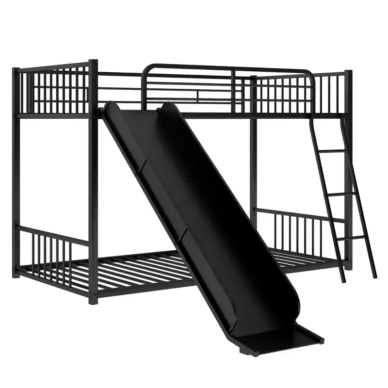 Modern Style Twin over Twin Metal Bunk Bed with Slide, Easy to Assemble