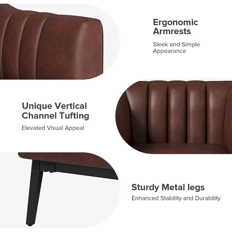 Channel Tufted PU Leather Accent Chair, Navy/Grey/Camel/Brown/Black, Metal Legs, Set of 2