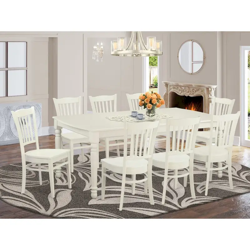 East West Furniture 9 Piece Kitchen Table Set Includes a Rectangle Dining Table and 8 Dining Room Chairs, Linen White