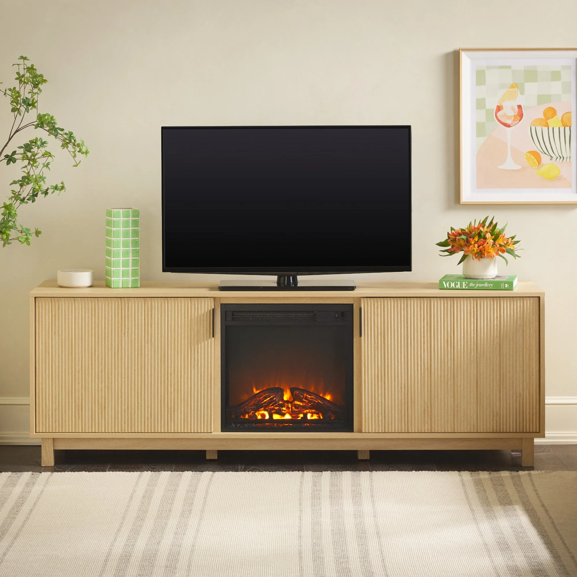 Reema Scandinavian 70 Modern Reeded TV Stand with Freestanding Electric Fireplace