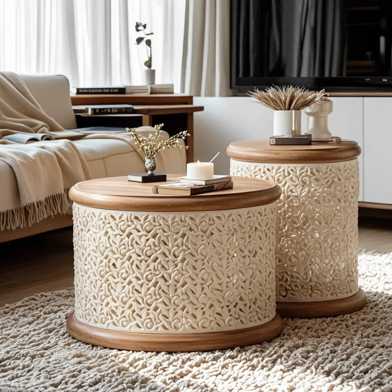 Natural Sophisticated Hollowed French Round Wood Coffee Table