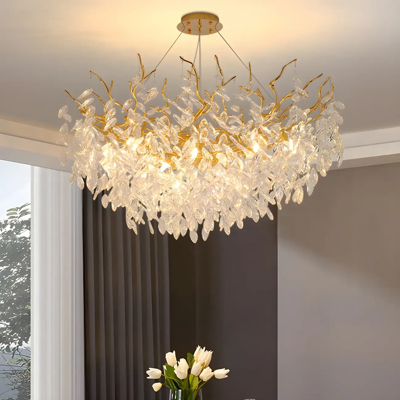 Elegant Gold Branch Crystal Chandelier Adjustable Height