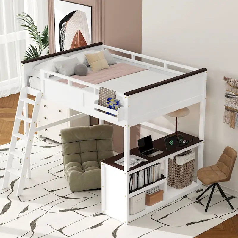 Queen Size Wooden Loft Bed with Built-in Desk and Open Shelves, Solid Wood Bed Frame with Charging Station and Storage Box