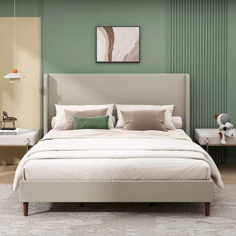 King Platform Bed with Solid Wood Legs & 12-Slat Support