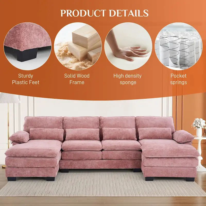 Ouyessir Soft Chenille Fabric U-shaped Sectional Sofa Set with Doudle Layer Cushion