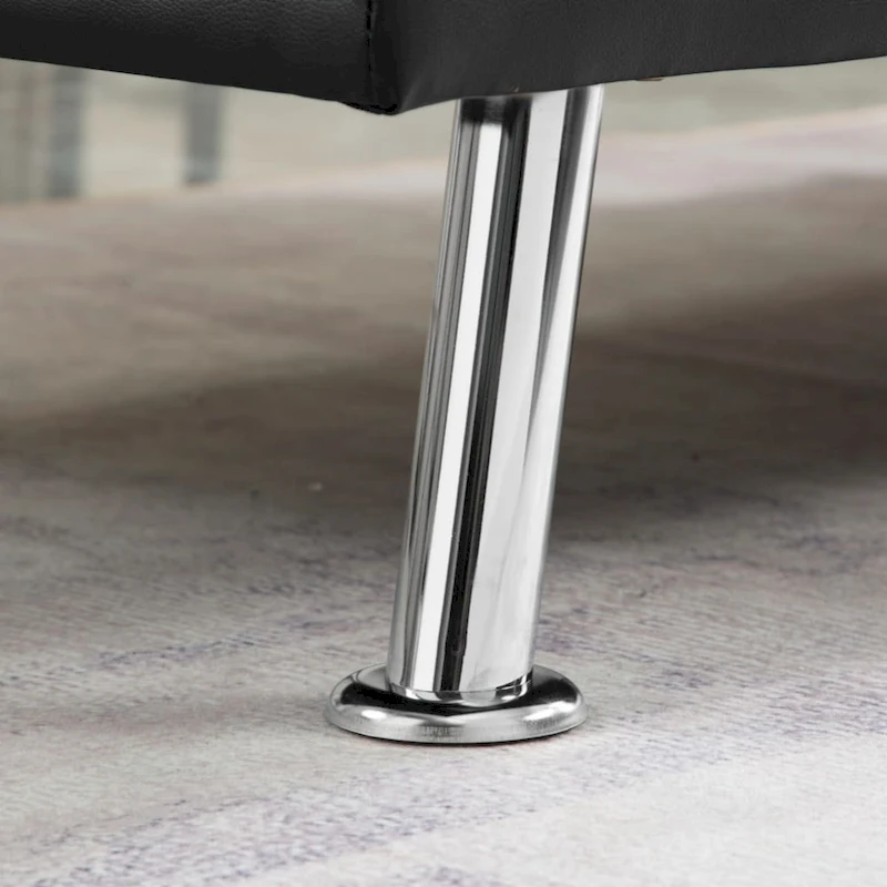 PU Upholstered Modern Convertible Folding Futon Sofa Bed Removable Armrests, Metal Legs, with 2 Cupholders