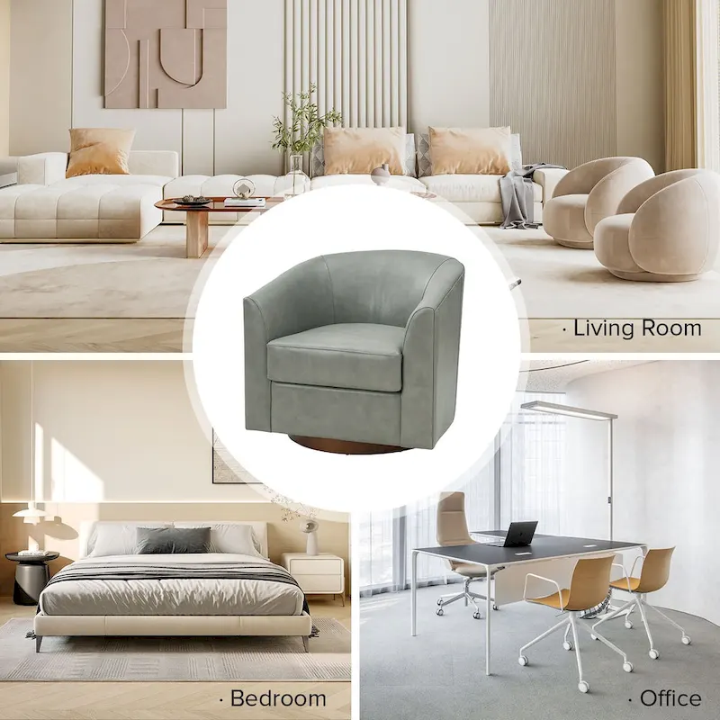 Althea Modern Genuine Leather Swivel Barrel Chair with Solid Wood Base By HULALA HOME