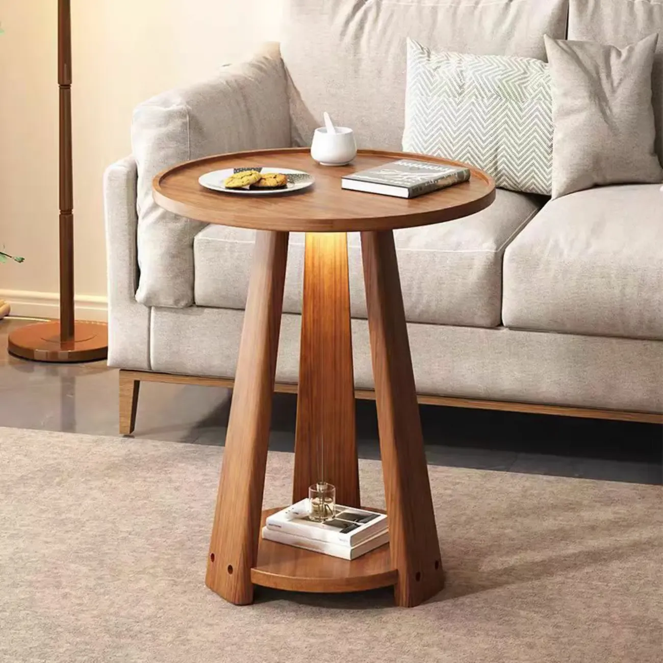 Tray Top Round Wood End Table with Storage for Living Room