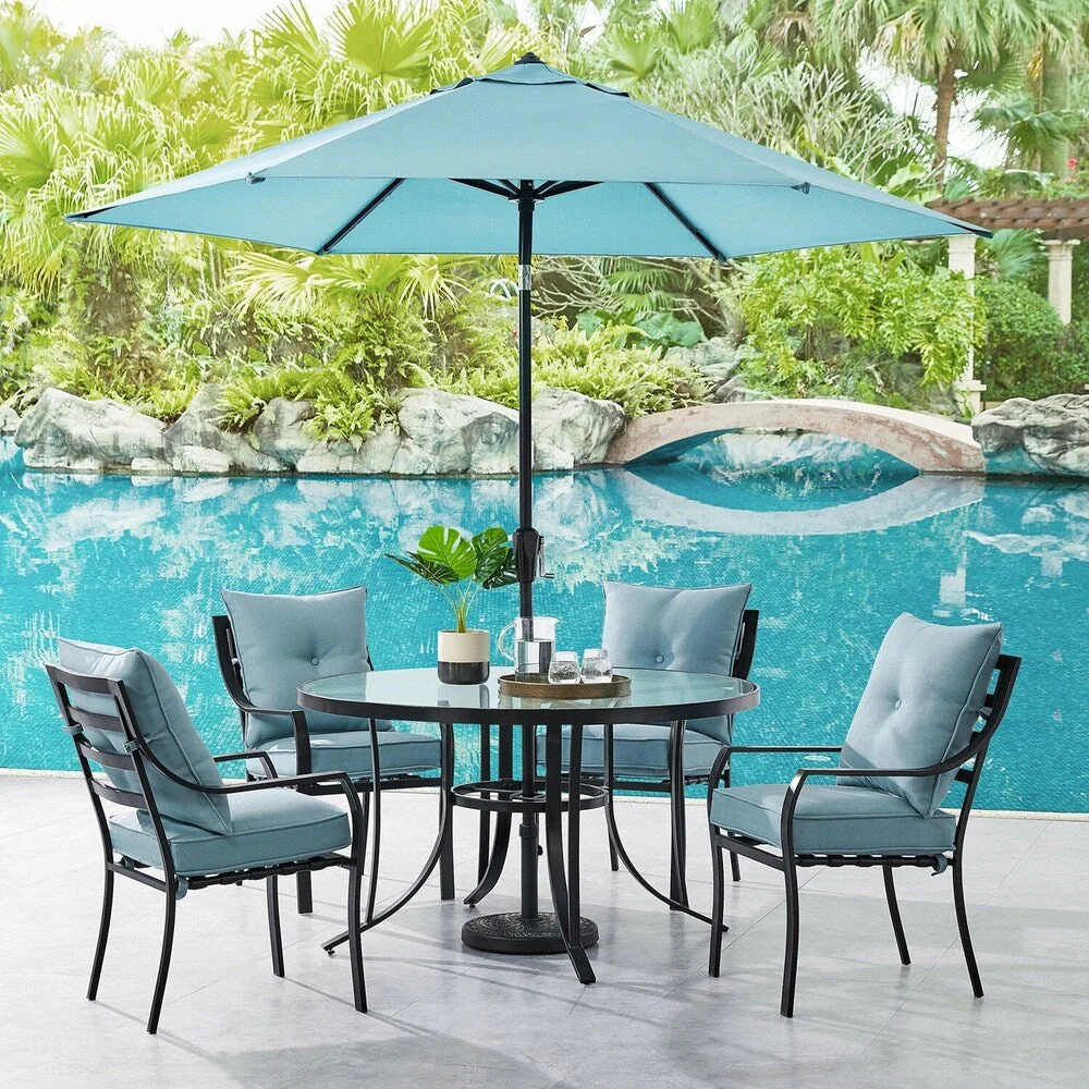 Hanover Lavallette 5-Piece Dining Set in Ocean Blue with 4 Stationary Chairs, 52-In. Round Glass-Top Table, Umbrella, and Base