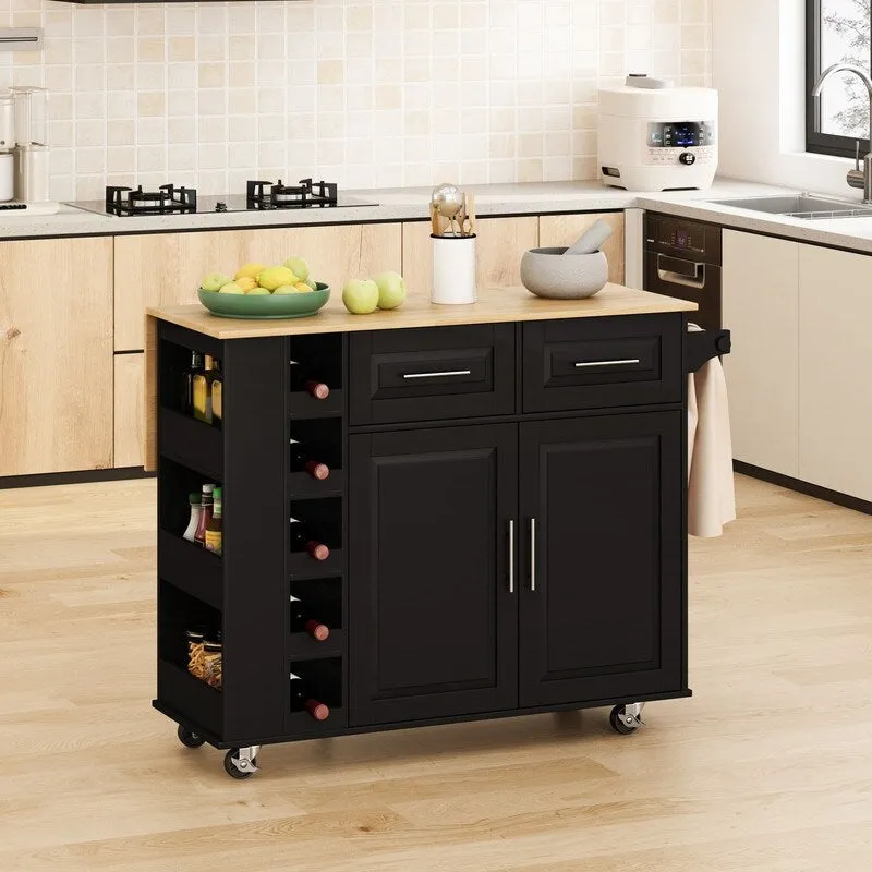 46.46Multi-Functional Kitchen Island Cart with Spice Rack,Wine Rack,Towel Holder and Foldable Rubberwood Table Top