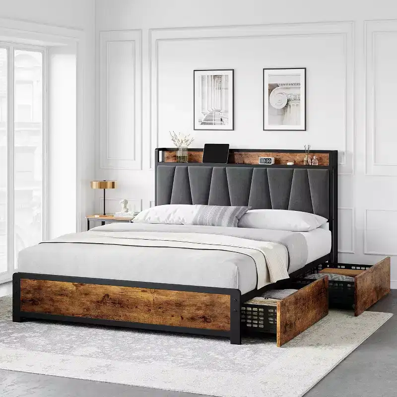Storage Headboard with Charging Station,Platform Metal Bed Frame with 4 Storage Drawers,No Box Spring Needed, Noise Free, Easy Assembly,Vintage Brown
