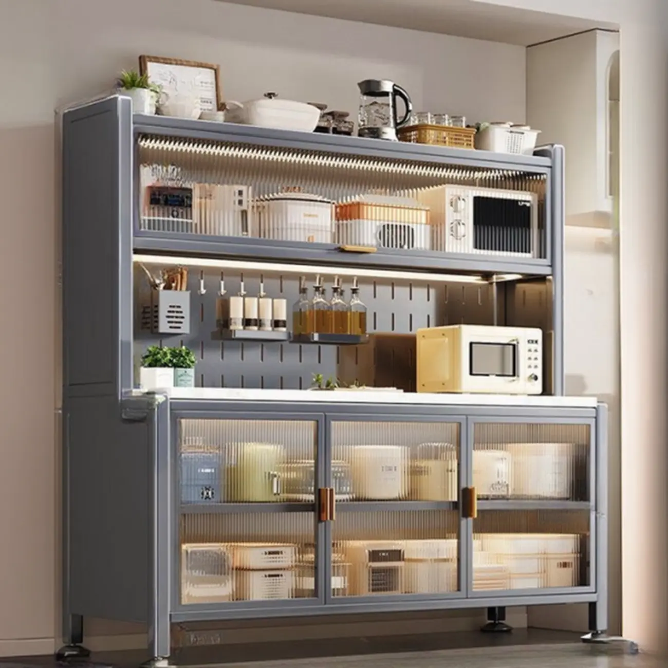 Modern Metal Buffet with Stone Countertop Narrow Design