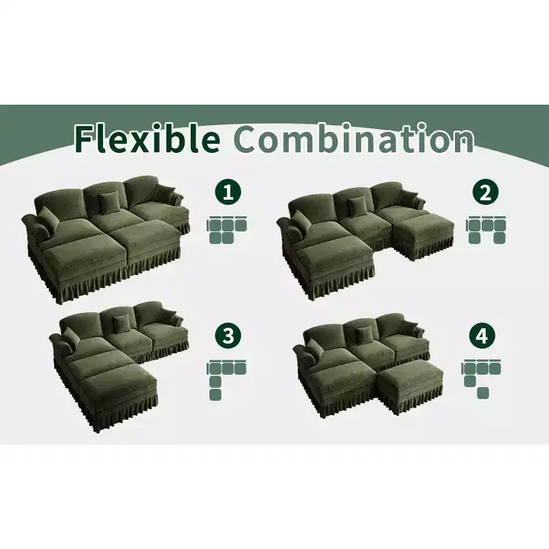 MooxvMoo 107in Chenille Midcentury Modern Sofa U Shaped Couch, with Detachable Ruffle Hem, Sectional Couches W/ Throw Pillows & 2 Ottoman, Green