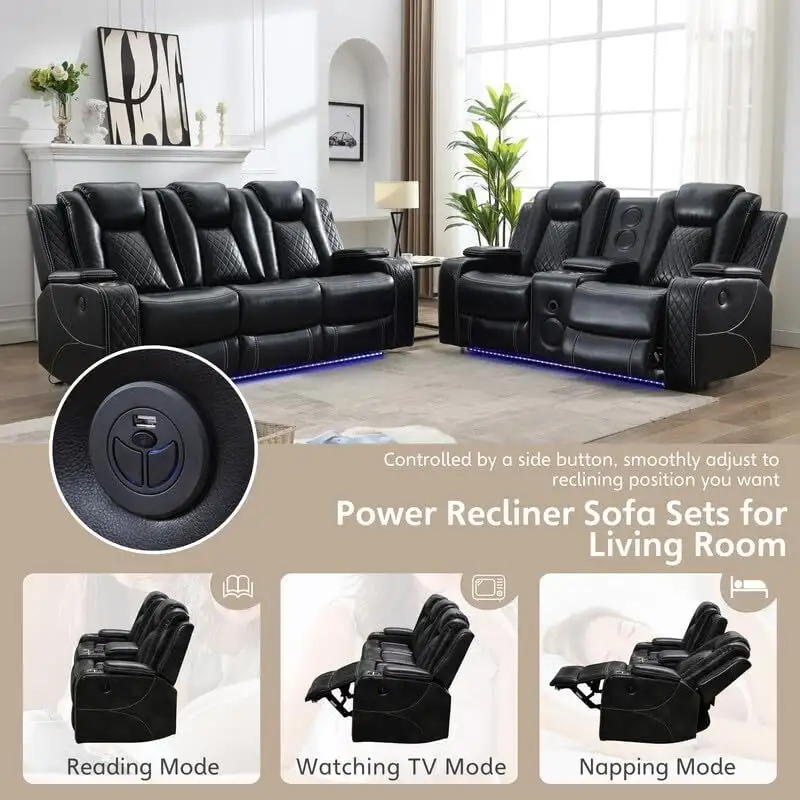 Power Reclining Sofa with Wireless Charger & LED Light – Faux Leather, Black