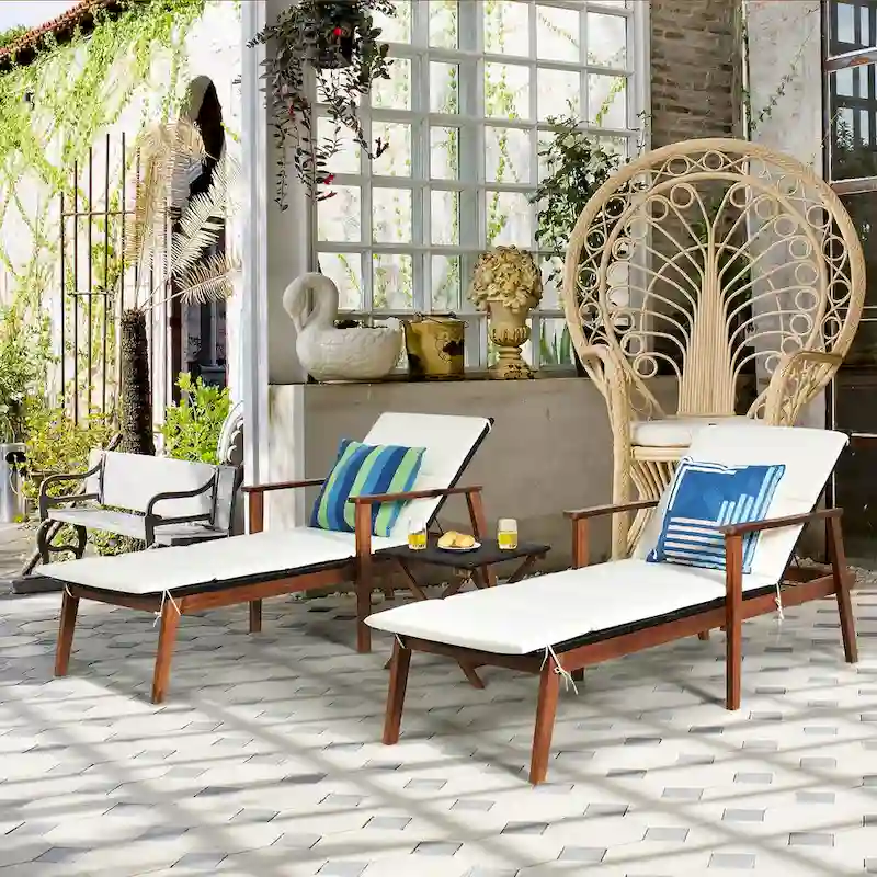 Costway 3PCS Patio Rattan Lounge Chair Folding Table Set Chaise Wood