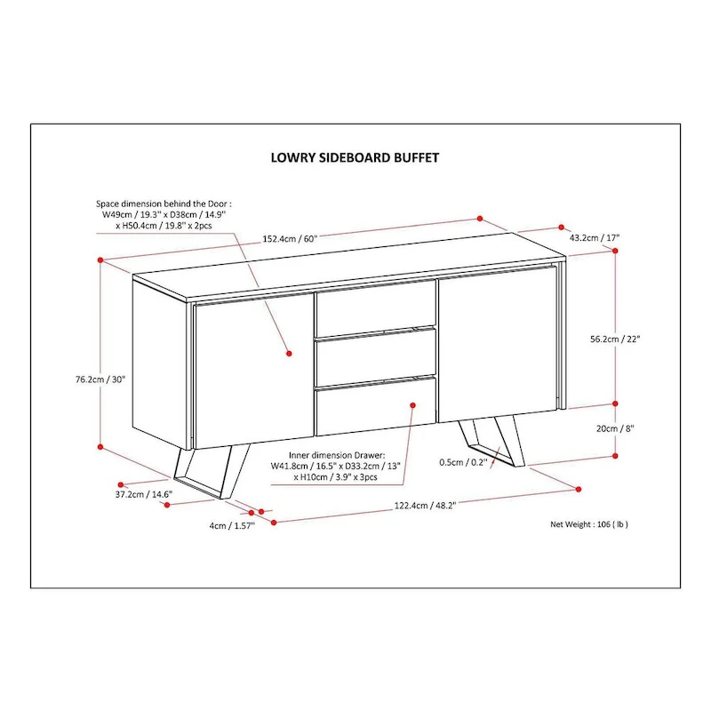 WYNDENHALL Mitchell Metal 60 inch Wide Rectangle Modern Industrial Sideboard Buffet in OAK WOOD - 60 x 17 x 30
