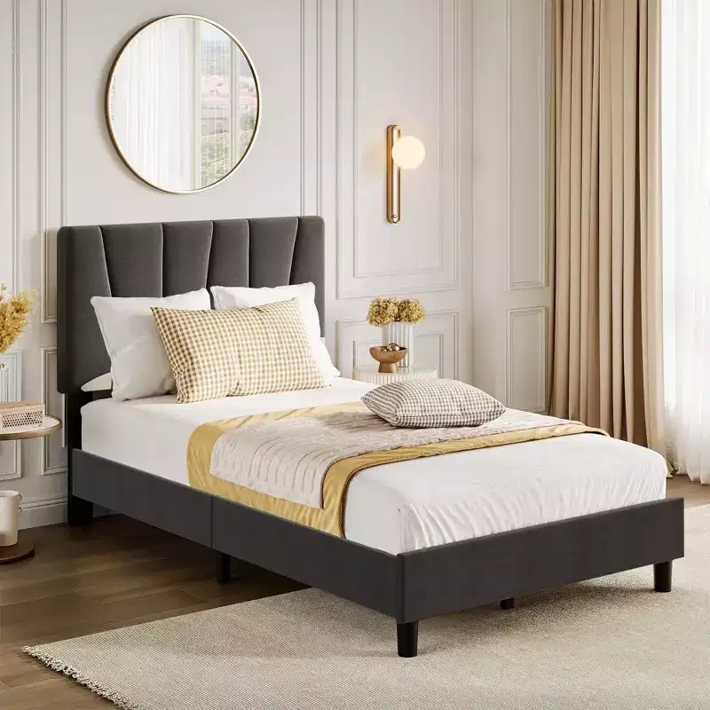 Twin/Full/Queen/King Size Bed Frame with Adjustable Headboard, Linen Upholstered Platform Bed Frame with Strong Wooden Slats