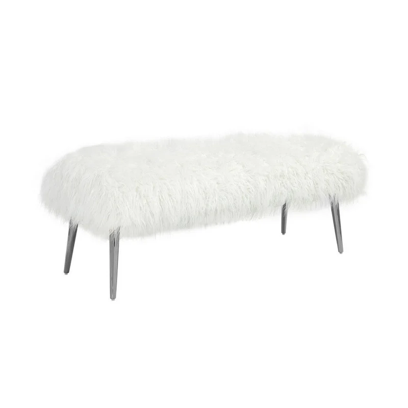 Ammy 45 Inch Bench with Foam Fill Seat, White Faux Fur, Silver Metal Legs