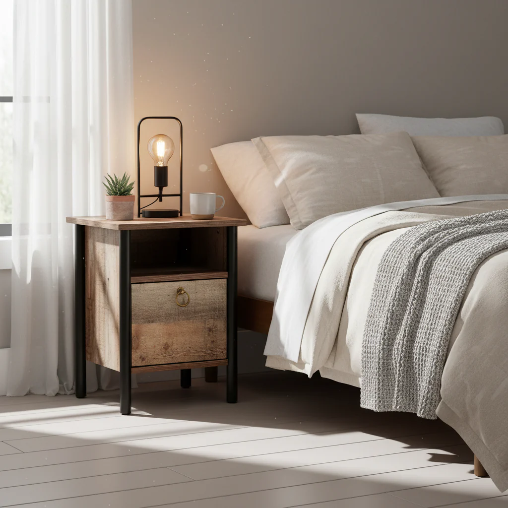 Modern Rustic Oak Brown and Black Finished Wood Nightstand