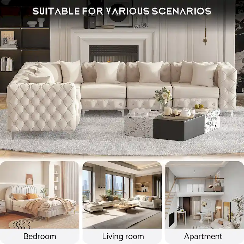 Large L-Shaped Modular Sofa, 6-Seat Velvet Sectional Couch