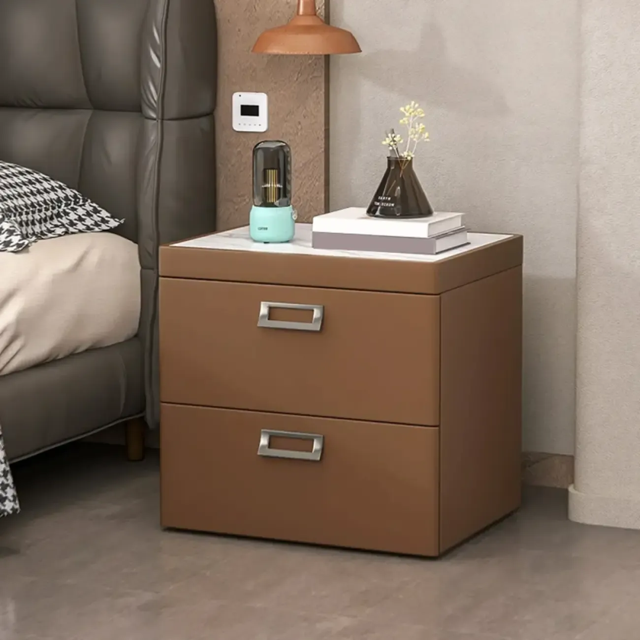 Modern Faux Leather 2 Drawers Nightstand with Stone Top