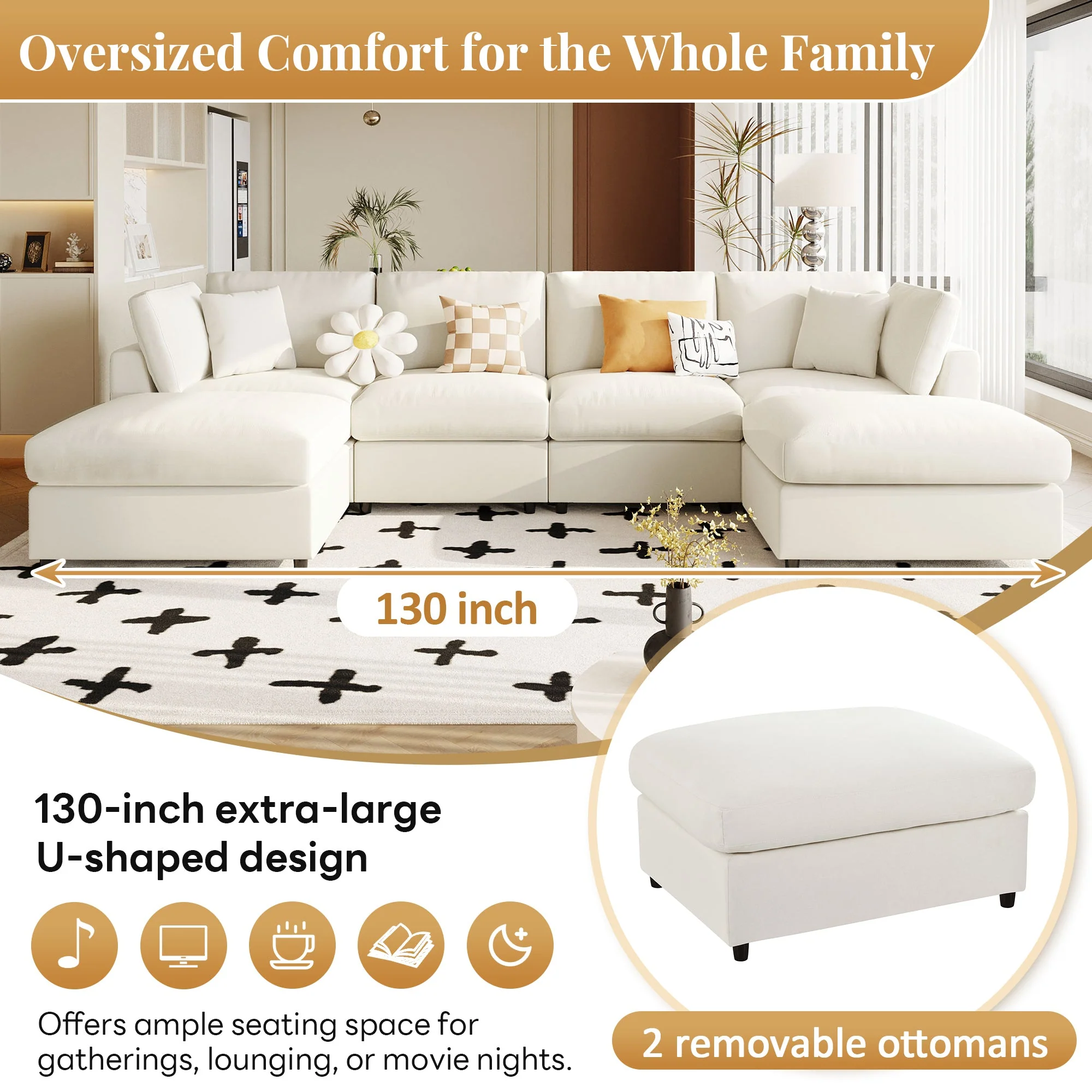 Modern Modular Chenille U-Shaped Sectional Sofa with Two Ottomans