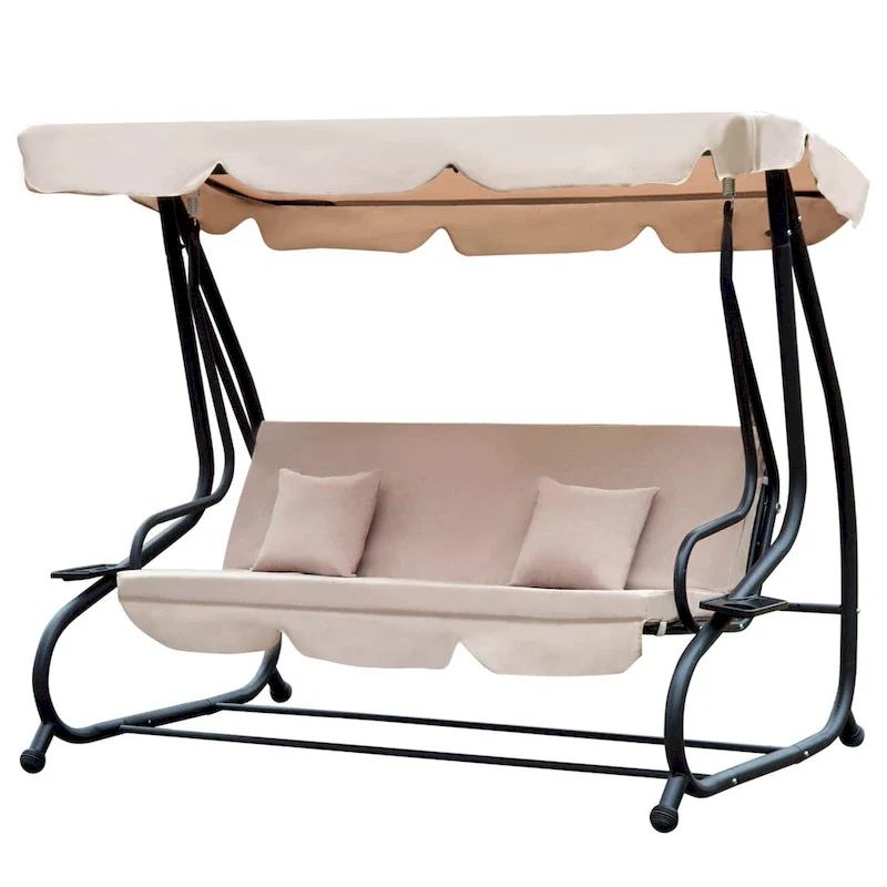 Outsunny 3 Seat Outdoor Free Standing Covered Swing Bench with Comfortable Cushioned Fabric & Included Canopy, Beige
