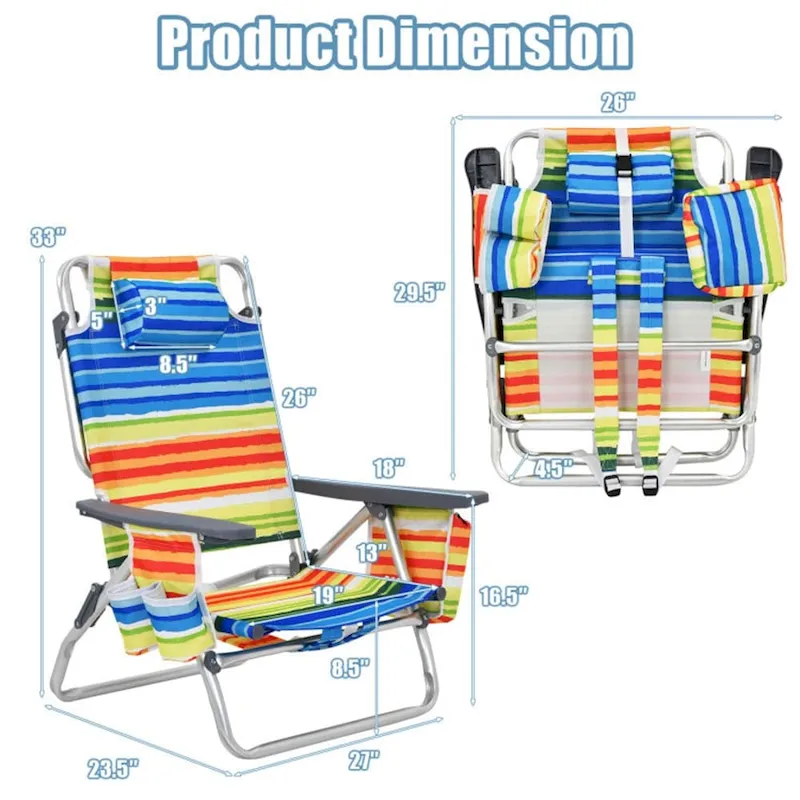 Adjustable Backrest Folding Beach Chair with Pillow