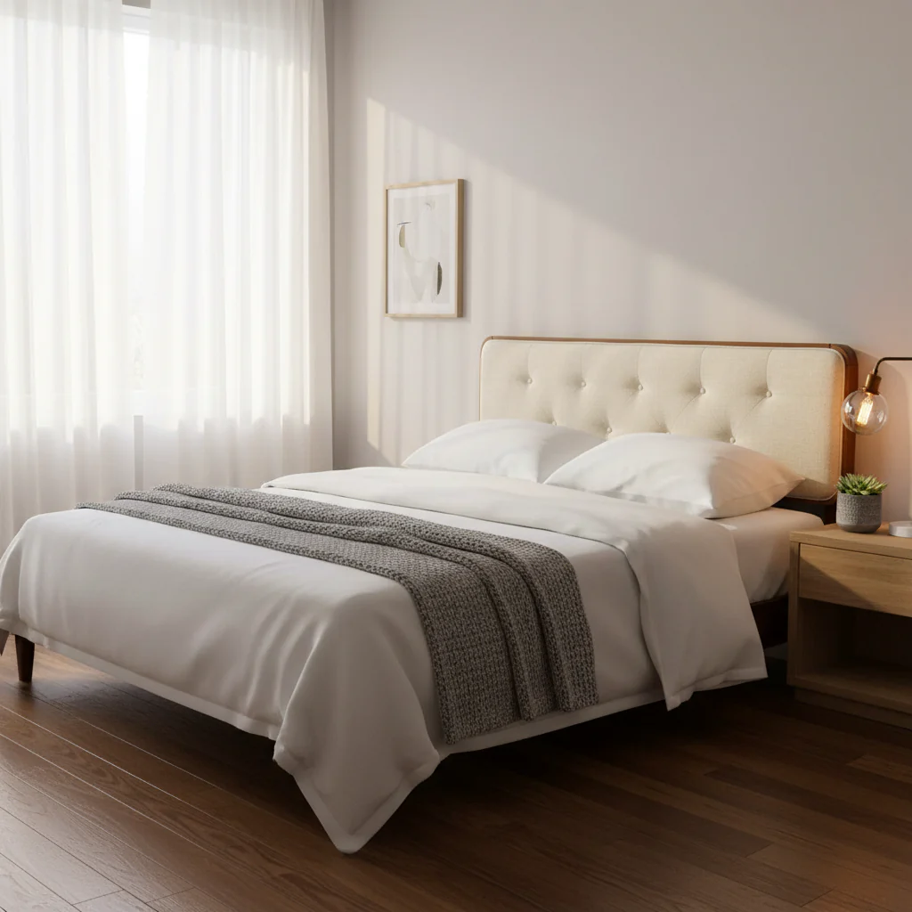 Traditional Beige Fabric Button Tufted King Walnut Wooden Headboard